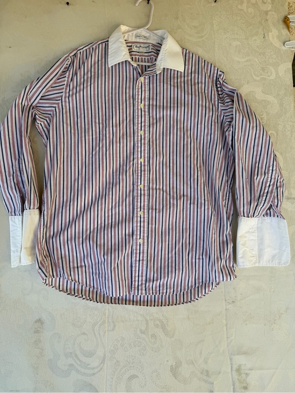 Burberry Striped Dress Shirt in Pink, Blue & White with Contrast Collar